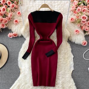 Stand Collar Stretch Knitted Dress Women’s Temperament Mid-Length Skinny Hip Skirt Autumn and Winter Slim Fit Base Sweater Dress