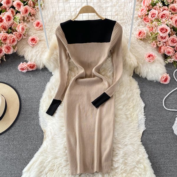 Stand Collar Stretch Knitted Dress Women’s Temperament Mid-Length Skinny Hip Skirt Autumn and Winter Slim Fit Base Sweater Dress - Image 3