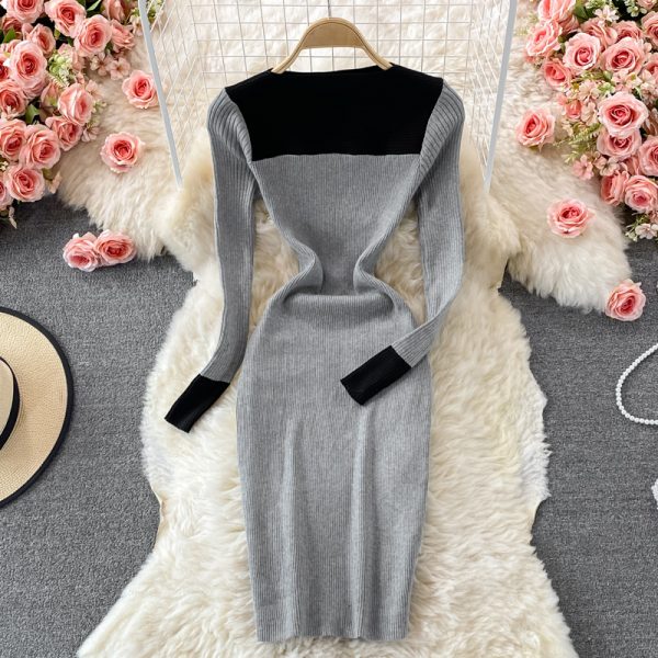Stand Collar Stretch Knitted Dress Women’s Temperament Mid-Length Skinny Hip Skirt Autumn and Winter Slim Fit Base Sweater Dress - Image 4