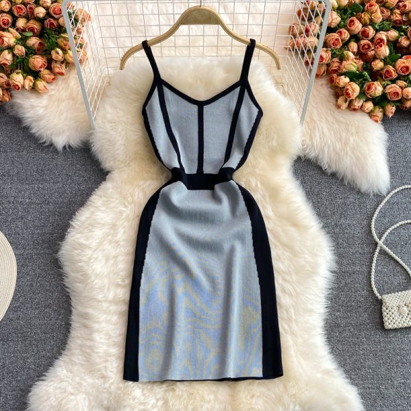 Korean Style Summer New Contrast Color Knitted V-neck Strap Vest Skirt Small Elastic Hip Bottoming Dress - Image 3