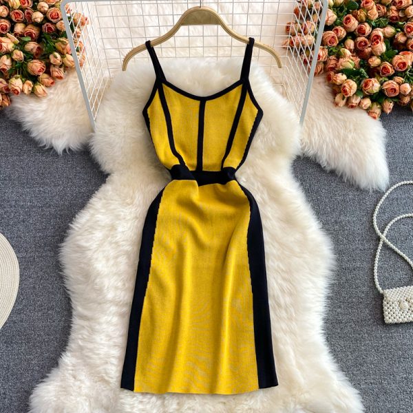 Korean Style Summer New Contrast Color Knitted V-neck Strap Vest Skirt Small Elastic Hip Bottoming Dress - Image 4