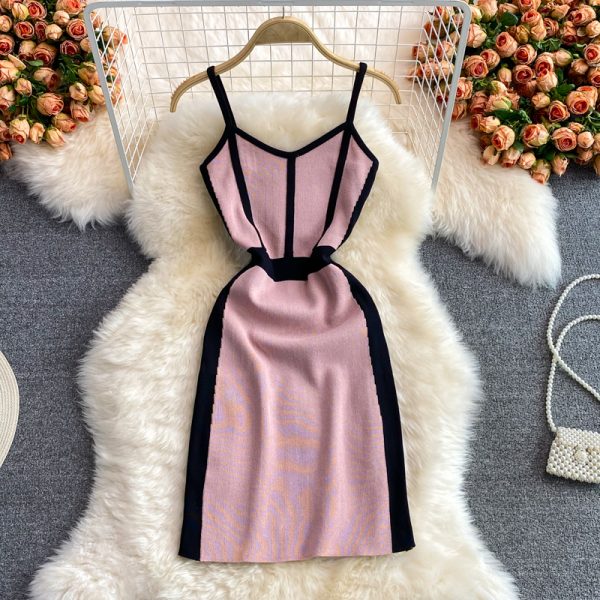 Korean Style Summer New Contrast Color Knitted V-neck Strap Vest Skirt Small Elastic Hip Bottoming Dress - Image 5