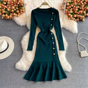 Base sweater bag hip skirt slim slimming fishtail skirt autumn and winter round neck long sleeve temperament knitted dress women