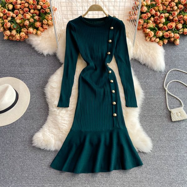 Base sweater bag hip skirt slim slimming fishtail skirt autumn and winter round neck long sleeve temperament knitted dress women
