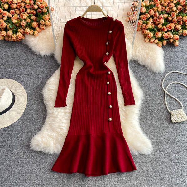 Base sweater bag hip skirt slim slimming fishtail skirt autumn and winter round neck long sleeve temperament knitted dress women - Image 3