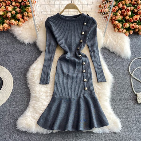 Base sweater bag hip skirt slim slimming fishtail skirt autumn and winter round neck long sleeve temperament knitted dress women - Image 4