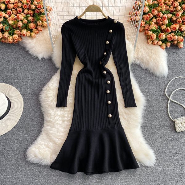 Base sweater bag hip skirt slim slimming fishtail skirt autumn and winter round neck long sleeve temperament knitted dress women - Image 5