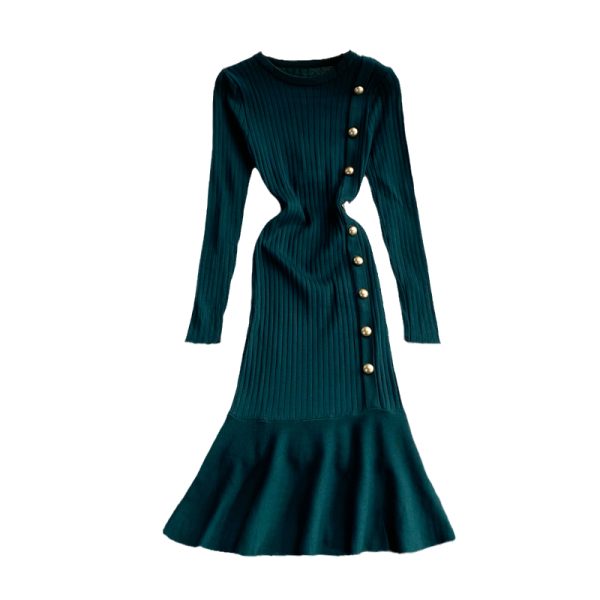 Base sweater bag hip skirt slim slimming fishtail skirt autumn and winter round neck long sleeve temperament knitted dress women - Image 6