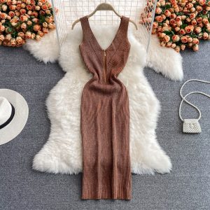 Summer New Goddess Temperament Scheming V-neck Waist Stretch Fil-Lumiere Weave Dress Graceful Vest Skirt