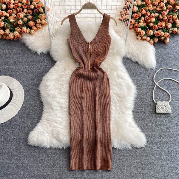 Summer New Goddess Temperament Scheming V-neck Waist Stretch Fil-Lumiere Weave Dress Graceful Vest Skirt - Image 2