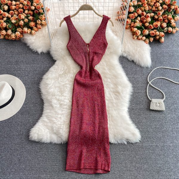 Summer New Goddess Temperament Scheming V-neck Waist Stretch Fil-Lumiere Weave Dress Graceful Vest Skirt - Image 3