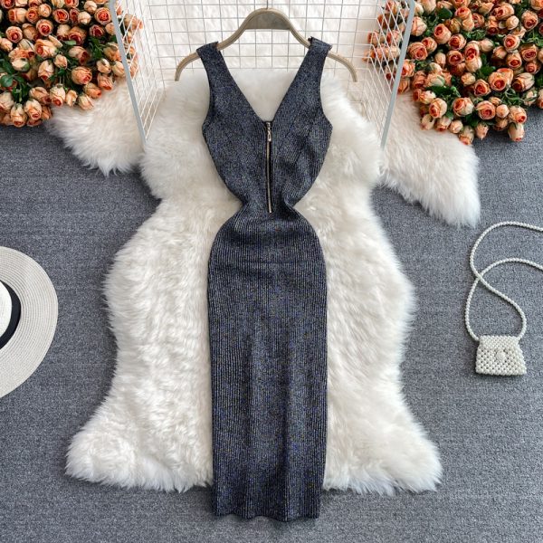 Summer New Goddess Temperament Scheming V-neck Waist Stretch Fil-Lumiere Weave Dress Graceful Vest Skirt - Image 4