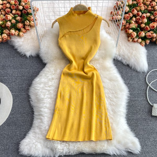 European and American style sexy scheming chest hollow stand collar slim fit hip tight-fitting stretch knitted dress