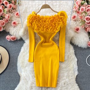 Three-Dimensional Flower off-Shoulder Long Sleeve Bottoming Sweater Hip Skirt Autumn and Winter Tight Stretch Knitted Dress