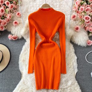 autumn and winter new long-sleeved stretch stand collar knitted dress Yujie Fan fashion tight-fitting slim sweater skirt