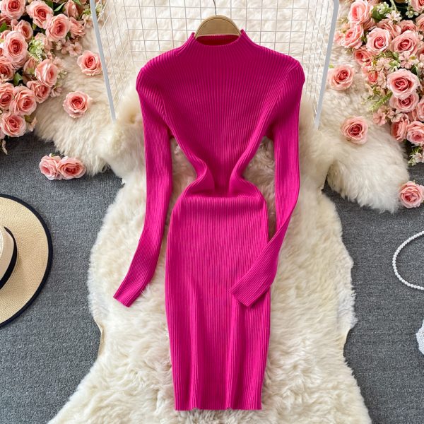 autumn and winter new long-sleeved stretch stand collar knitted dress Yujie Fan fashion tight-fitting slim sweater skirt - Image 3