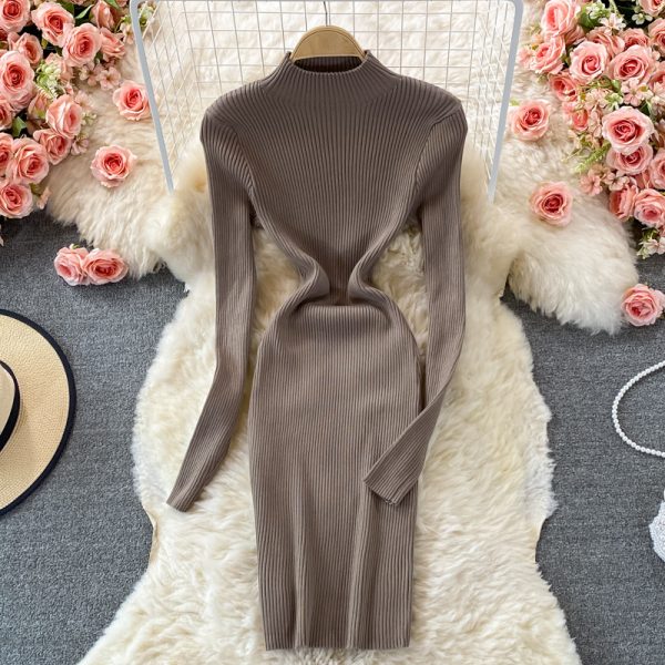 autumn and winter new long-sleeved stretch stand collar knitted dress Yujie Fan fashion tight-fitting slim sweater skirt - Image 4