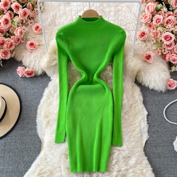 autumn and winter new long-sleeved stretch stand collar knitted dress Yujie Fan fashion tight-fitting slim sweater skirt - Image 5