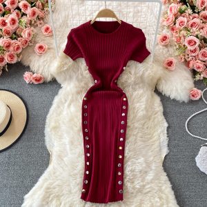 French Style Retro round Neck Short Sleeves Skinny Slimming Side Double Breasted Sheath Skirt Stretch Knitted Dress Summer