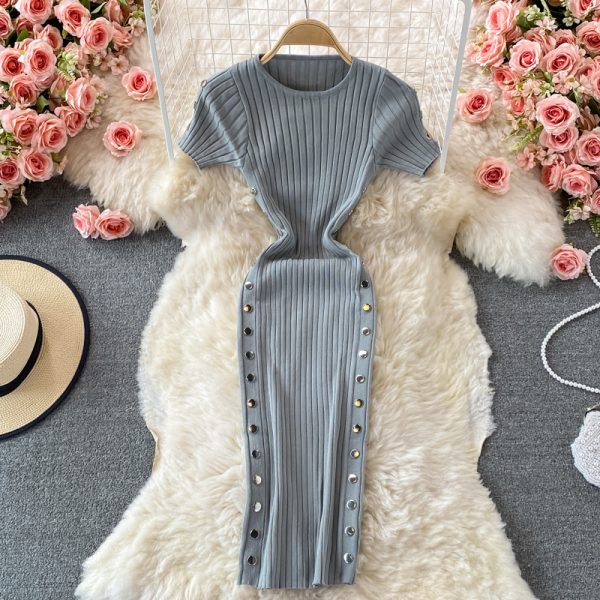 French Style Retro round Neck Short Sleeves Skinny Slimming Side Double Breasted Sheath Skirt Stretch Knitted Dress Summer - Image 3