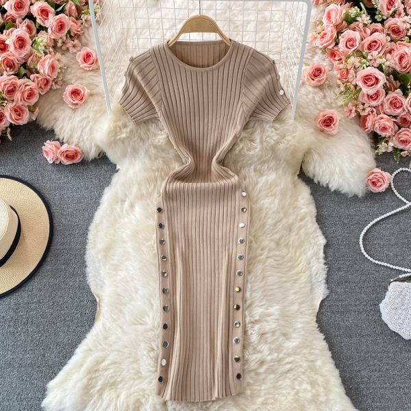 French Style Retro round Neck Short Sleeves Skinny Slimming Side Double Breasted Sheath Skirt Stretch Knitted Dress Summer - Image 4