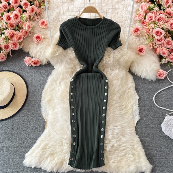 French Style Retro round Neck Short Sleeves Skinny Slimming Side Double Breasted Sheath Skirt Stretch Knitted Dress Summer - Image 5