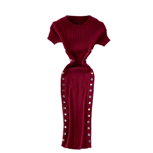 French Style Retro round Neck Short Sleeves Skinny Slimming Side Double Breasted Sheath Skirt Stretch Knitted Dress Summer - Image 6