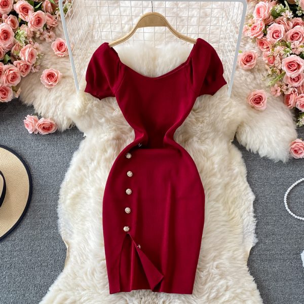 French Style Temperament Goddess Temperament Purple Square Collar Dress Summer New Sweet Slim Fit Puff Sleeve Slit Sheath Skirt