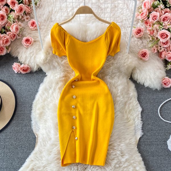 French Style Temperament Goddess Temperament Purple Square Collar Dress Summer New Sweet Slim Fit Puff Sleeve Slit Sheath Skirt - Image 3