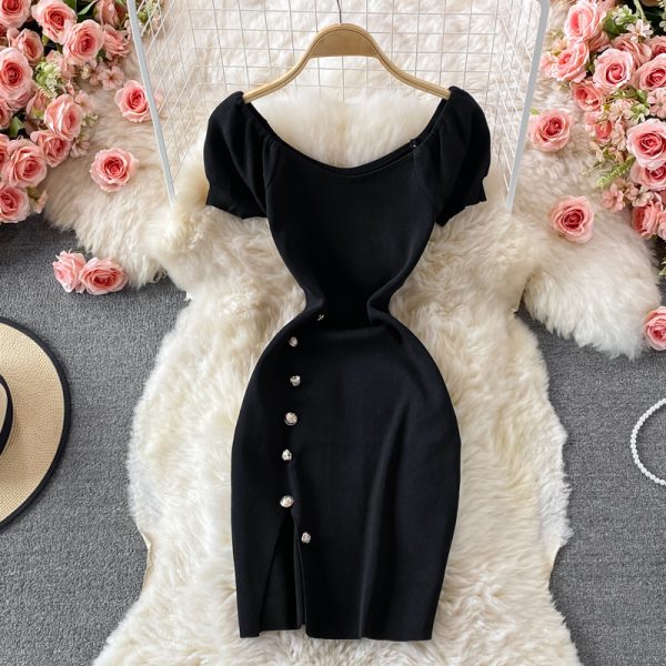 French Style Temperament Goddess Temperament Purple Square Collar Dress Summer New Sweet Slim Fit Puff Sleeve Slit Sheath Skirt - Image 4