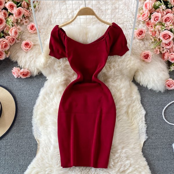 French Style Temperament Goddess Temperament Purple Square Collar Dress Summer New Sweet Slim Fit Puff Sleeve Slit Sheath Skirt - Image 5