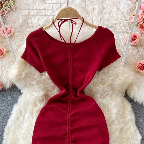 Summer New Pleated Drawstring off-Shoulder Drawstring Elastic Skinny Slimming Sheath Dress Short Sleeve - Image 3