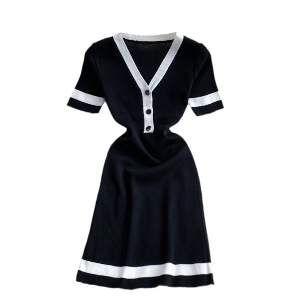 Knitted Dress for Womensummer New Mid-Length Slim-Fit Slimming V-Neckline Contrast Color Waist-Tight Short Hip Skirt - Image 6