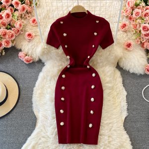 New Autumn and Winter Single-Breasted Skinny Slimming Stretch Knitted Sheath Skirt Fashion round Neck Dress