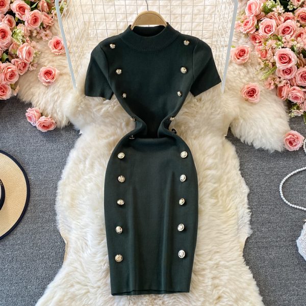 New Autumn and Winter Single-Breasted Skinny Slimming Stretch Knitted Sheath Skirt Fashion round Neck Dress - Image 3