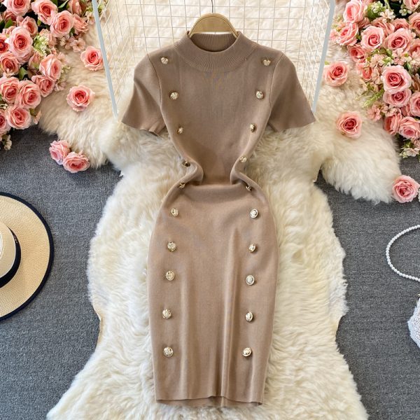 New Autumn and Winter Single-Breasted Skinny Slimming Stretch Knitted Sheath Skirt Fashion round Neck Dress - Image 4