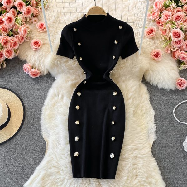New Autumn and Winter Single-Breasted Skinny Slimming Stretch Knitted Sheath Skirt Fashion round Neck Dress - Image 5