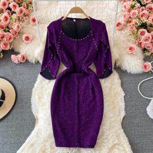New Style Small Waist Slimming Niche Socialite Elegant Evening Dress Fashion Square Collar Beaded Sheath Dress for Women