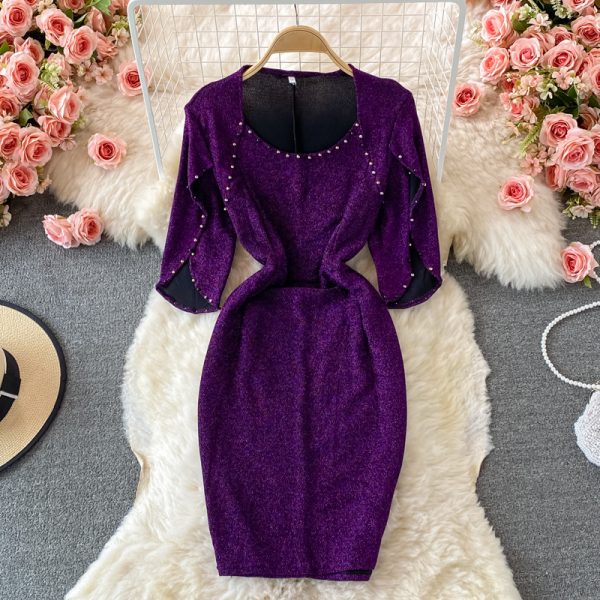 New Style Small Waist Slimming Niche Socialite Elegant Evening Dress Fashion Square Collar Beaded Sheath Dress for Women - Image 2