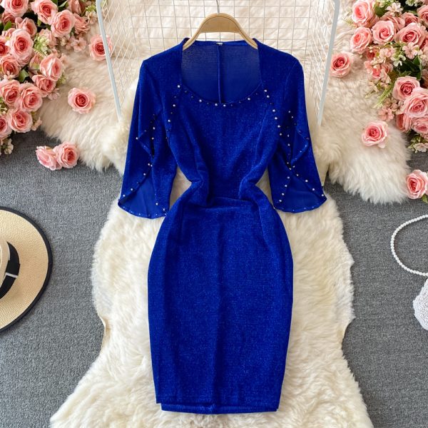 New Style Small Waist Slimming Niche Socialite Elegant Evening Dress Fashion Square Collar Beaded Sheath Dress for Women - Image 3