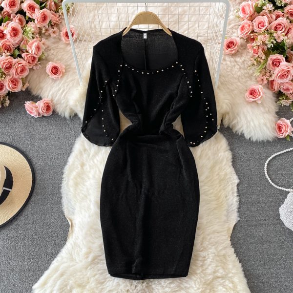 New Style Small Waist Slimming Niche Socialite Elegant Evening Dress Fashion Square Collar Beaded Sheath Dress for Women - Image 4