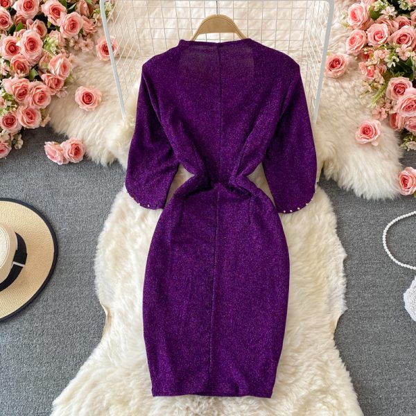 New Style Small Waist Slimming Niche Socialite Elegant Evening Dress Fashion Square Collar Beaded Sheath Dress for Women - Image 5