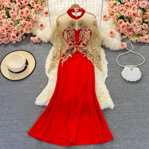 Autumn Sexy Modified Retro Cheongsam Gauze Stitching Long Sleeve Evening Dress Long Dress Stand Collar Split Dress