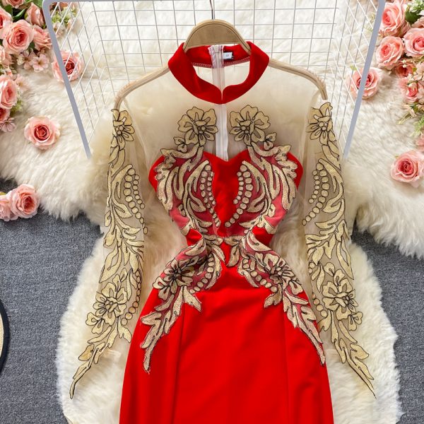 Autumn Sexy Modified Retro Cheongsam Gauze Stitching Long Sleeve Evening Dress Long Dress Stand Collar Split Dress - Image 3