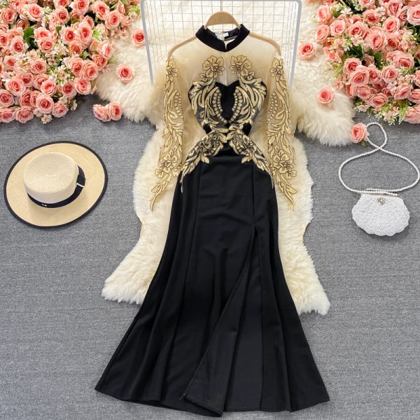 Autumn Sexy Modified Retro Cheongsam Gauze Stitching Long Sleeve Evening Dress Long Dress Stand Collar Split Dress - Image 5