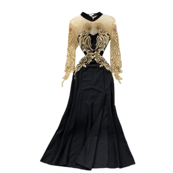 Autumn Sexy Modified Retro Cheongsam Gauze Stitching Long Sleeve Evening Dress Long Dress Stand Collar Split Dress - Image 6