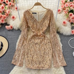 Fall New Sexy Sequined V-neck Cuff Long Sleeve High Waist Slimming and Short Small Sheath Dress