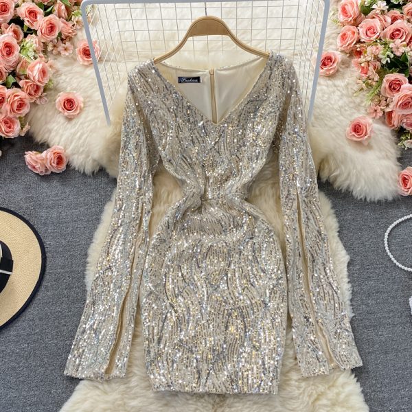 Fall New Sexy Sequined V-neck Cuff Long Sleeve High Waist Slimming and Short Small Sheath Dress - Image 3