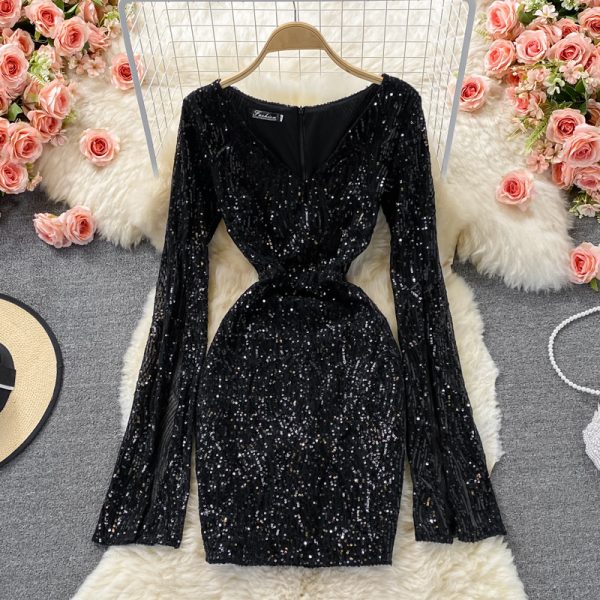 Fall New Sexy Sequined V-neck Cuff Long Sleeve High Waist Slimming and Short Small Sheath Dress - Image 4