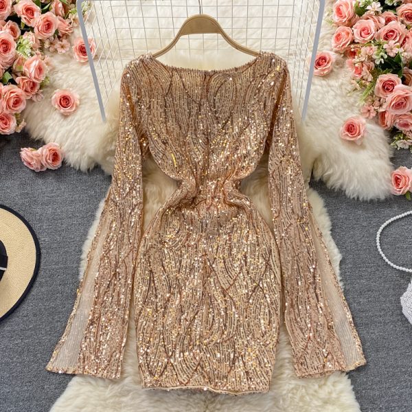 Fall New Sexy Sequined V-neck Cuff Long Sleeve High Waist Slimming and Short Small Sheath Dress - Image 5